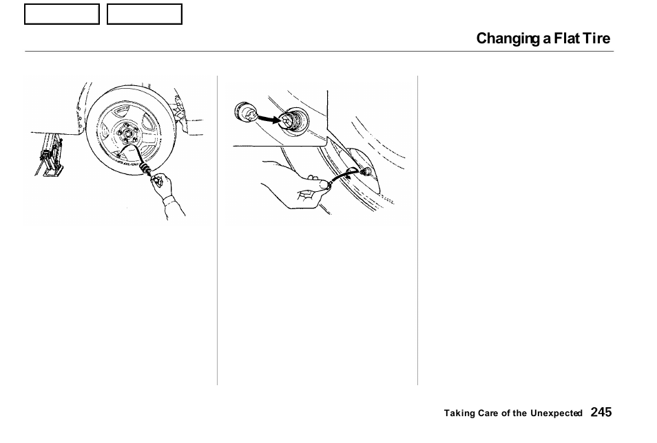 Changing a flat tire | Acura 2001 NSX - Owner's Manual User Manual | Page 248 / 305