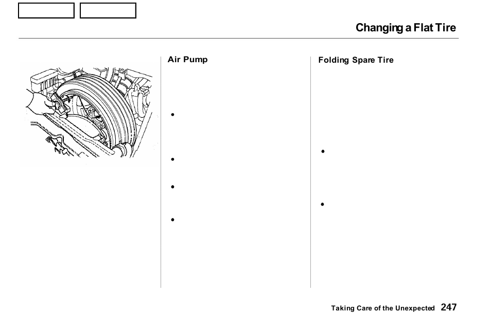 Changing a flat tire | Acura 2001 NSX - Owner's Manual User Manual | Page 250 / 305