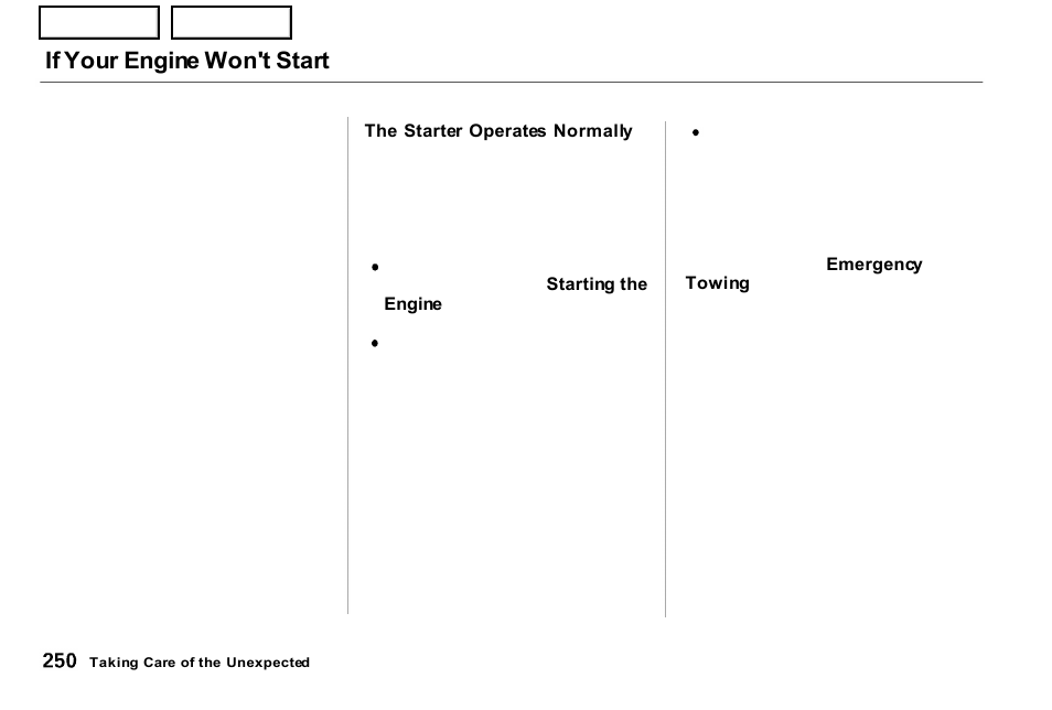 If your engine won't start | Acura 2001 NSX - Owner's Manual User Manual | Page 253 / 305