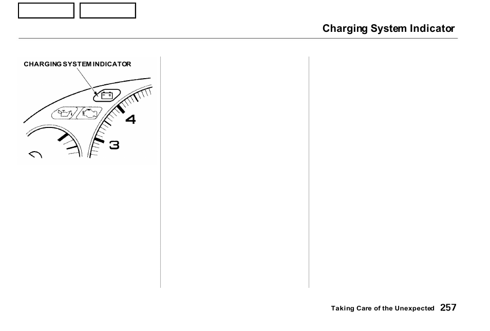 Charging system indicator | Acura 2001 NSX - Owner's Manual User Manual | Page 260 / 305