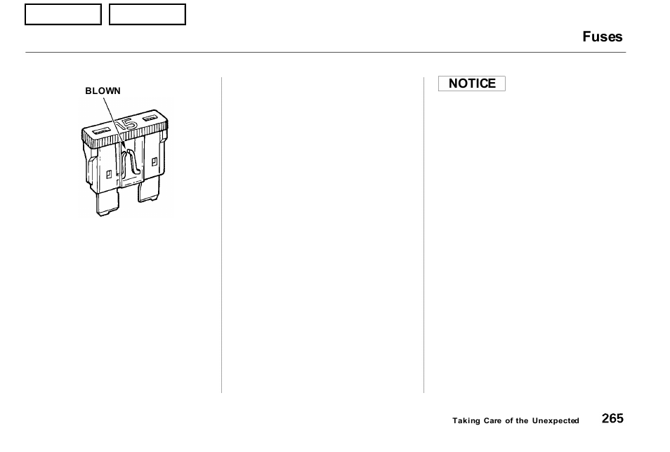 Fuses, Notice | Acura 2001 NSX - Owner's Manual User Manual | Page 268 / 305