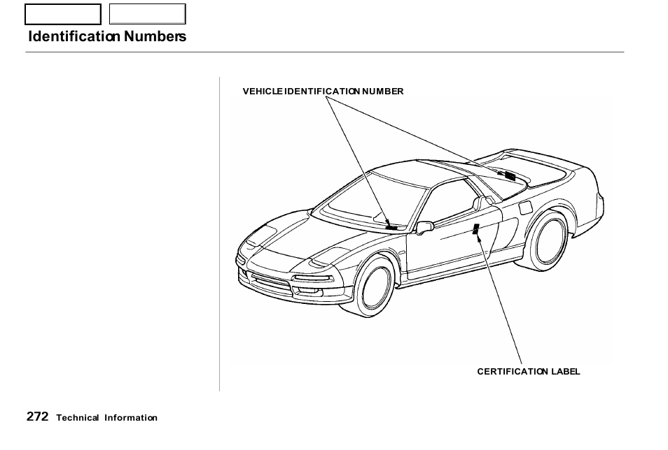 Identification numbers | Acura 2001 NSX - Owner's Manual User Manual | Page 275 / 305