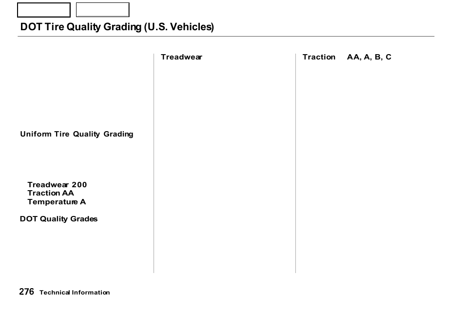 Dot tire quality grading (u.s. vehicles) | Acura 2001 NSX - Owner's Manual User Manual | Page 279 / 305