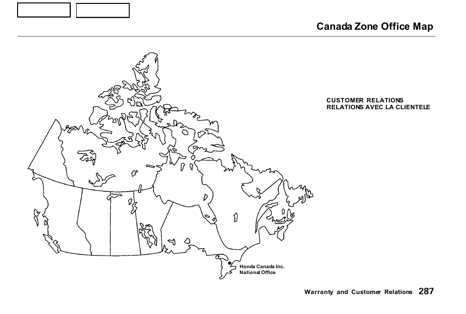 Canada zone office map | Acura 2001 NSX - Owner's Manual User Manual | Page 290 / 305
