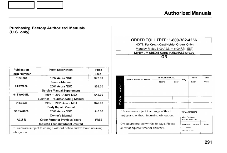 Authorized manuals | Acura 2001 NSX - Owner's Manual User Manual | Page 294 / 305