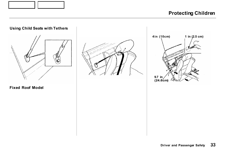 Tethers, Protecting children | Acura 2001 NSX - Owner's Manual User Manual | Page 36 / 305