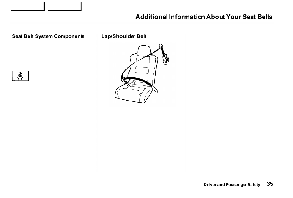 Belts, Additional information about your seat belts | Acura 2001 NSX - Owner's Manual User Manual | Page 38 / 305