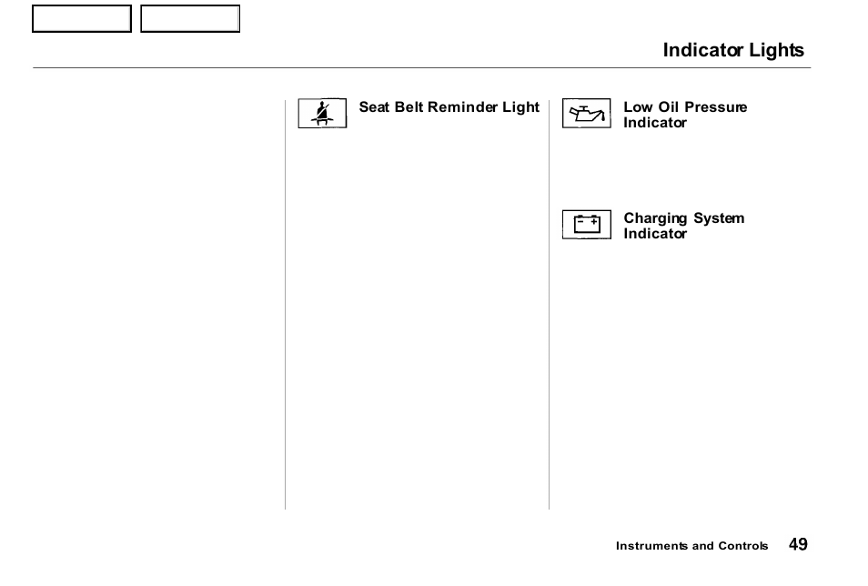 Indicator lights | Acura 2001 NSX - Owner's Manual User Manual | Page 52 / 305