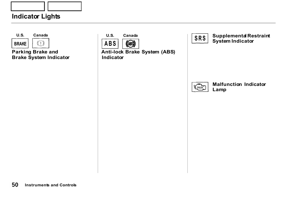 Indicator lights, A b s, S r s | Acura 2001 NSX - Owner's Manual User Manual | Page 53 / 305