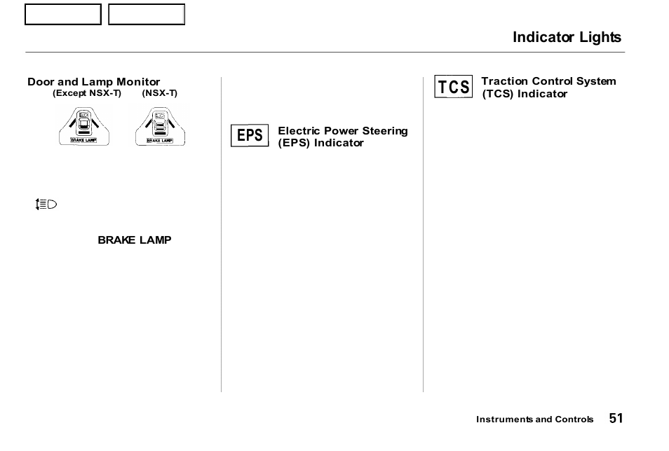 Indicator lights | Acura 2001 NSX - Owner's Manual User Manual | Page 54 / 305