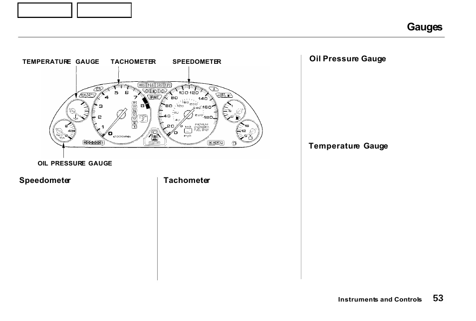 Gauges | Acura 2001 NSX - Owner's Manual User Manual | Page 56 / 305