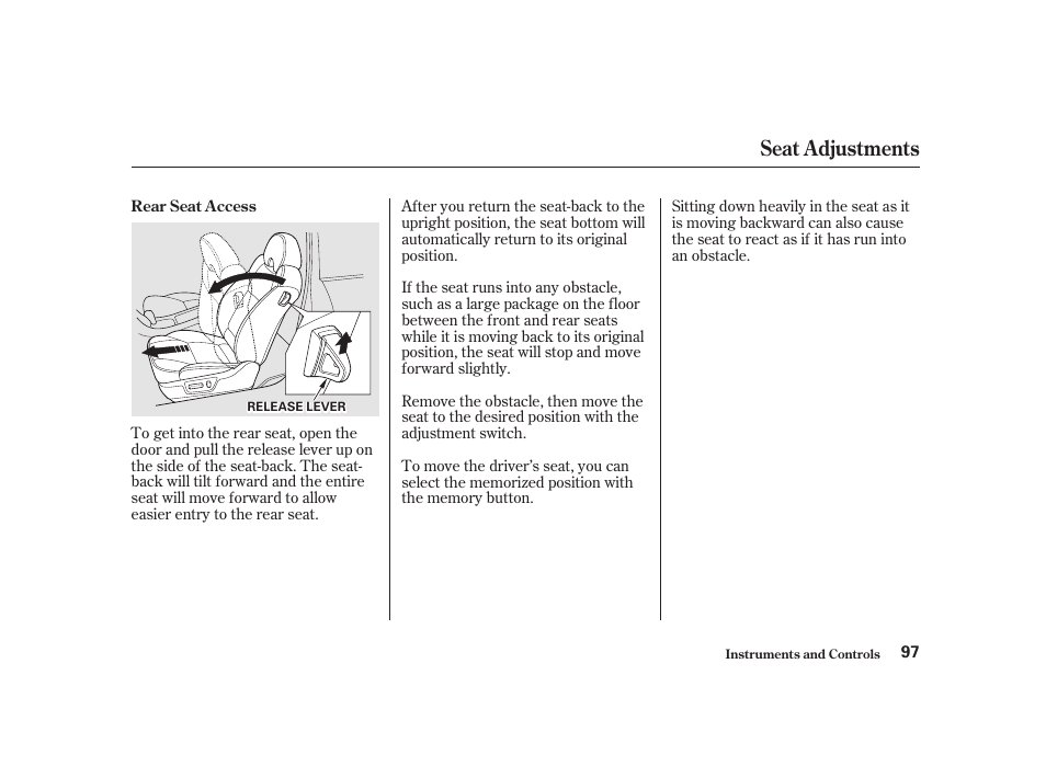 Seat adjustments | Acura 2001 CL - Owner's Manual User Manual | Page 100 / 330