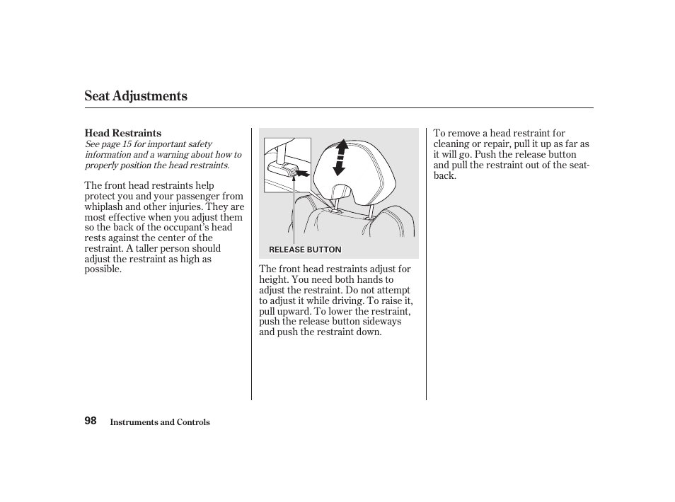 Seat adjustments | Acura 2001 CL - Owner's Manual User Manual | Page 101 / 330