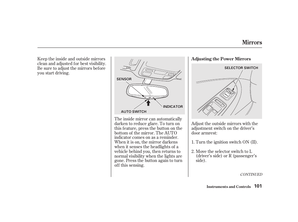 Mirrors | Acura 2001 CL - Owner's Manual User Manual | Page 104 / 330