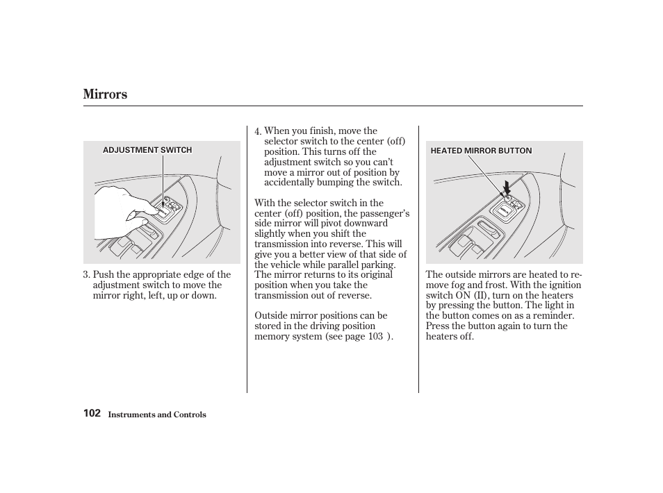 Mirrors | Acura 2001 CL - Owner's Manual User Manual | Page 105 / 330