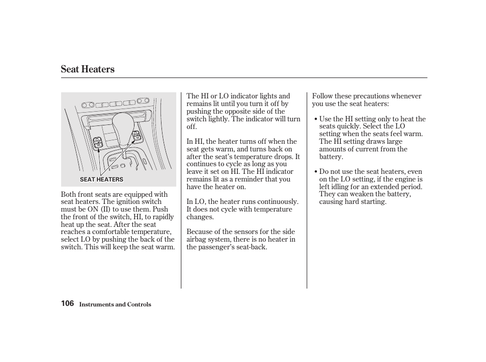 Seat heaters | Acura 2001 CL - Owner's Manual User Manual | Page 109 / 330
