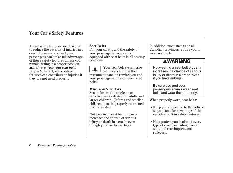 Your car’s safety features | Acura 2001 CL - Owner's Manual User Manual | Page 11 / 330