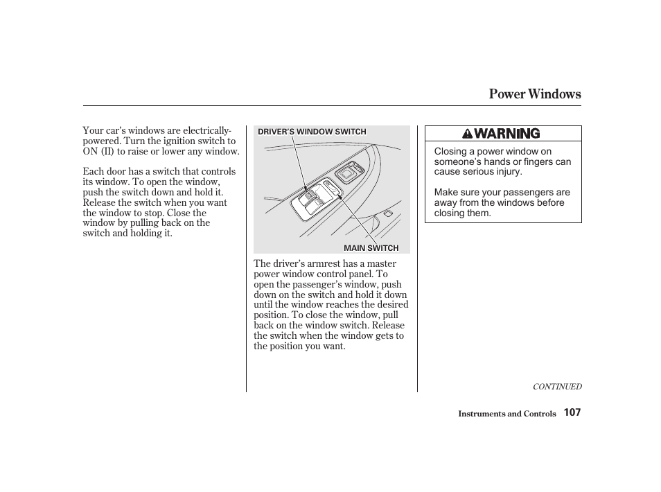 Power windows | Acura 2001 CL - Owner's Manual User Manual | Page 110 / 330