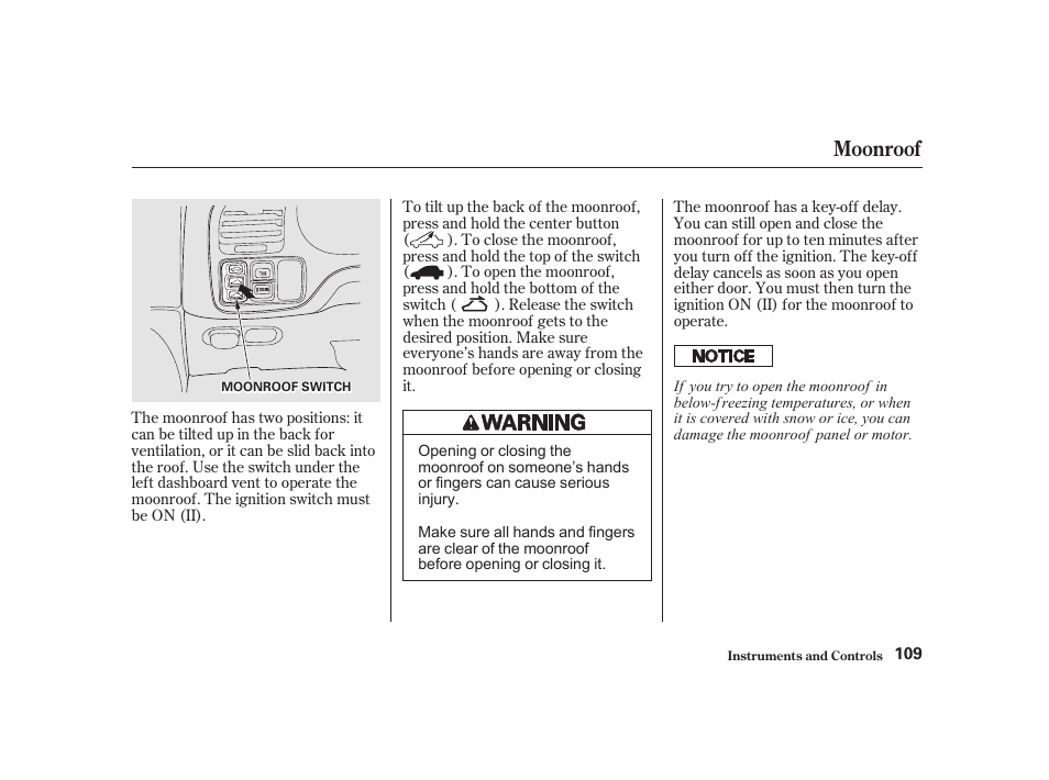 Moonroof | Acura 2001 CL - Owner's Manual User Manual | Page 112 / 330