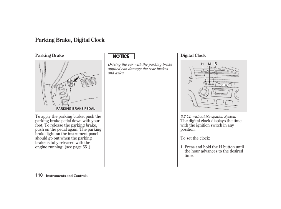 Parking brake, digital clock | Acura 2001 CL - Owner's Manual User Manual | Page 113 / 330