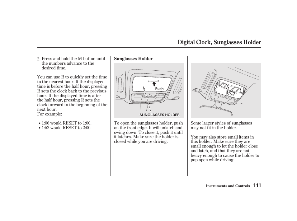 Digital clock, sunglasses holder | Acura 2001 CL - Owner's Manual User Manual | Page 114 / 330
