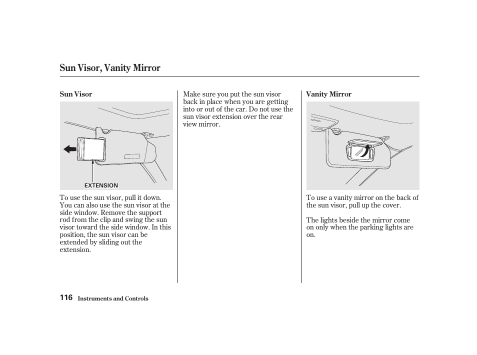 Sun visor, vanity mirror | Acura 2001 CL - Owner's Manual User Manual | Page 119 / 330