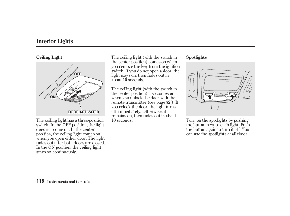 Interior lights | Acura 2001 CL - Owner's Manual User Manual | Page 121 / 330