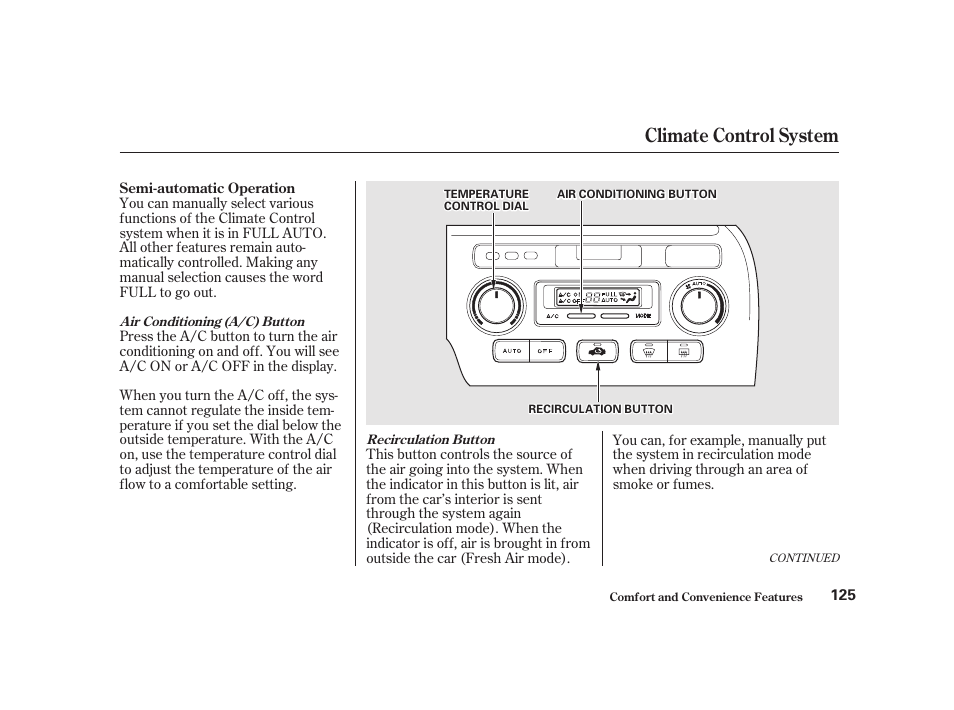 Climate control system | Acura 2001 CL - Owner's Manual User Manual | Page 128 / 330