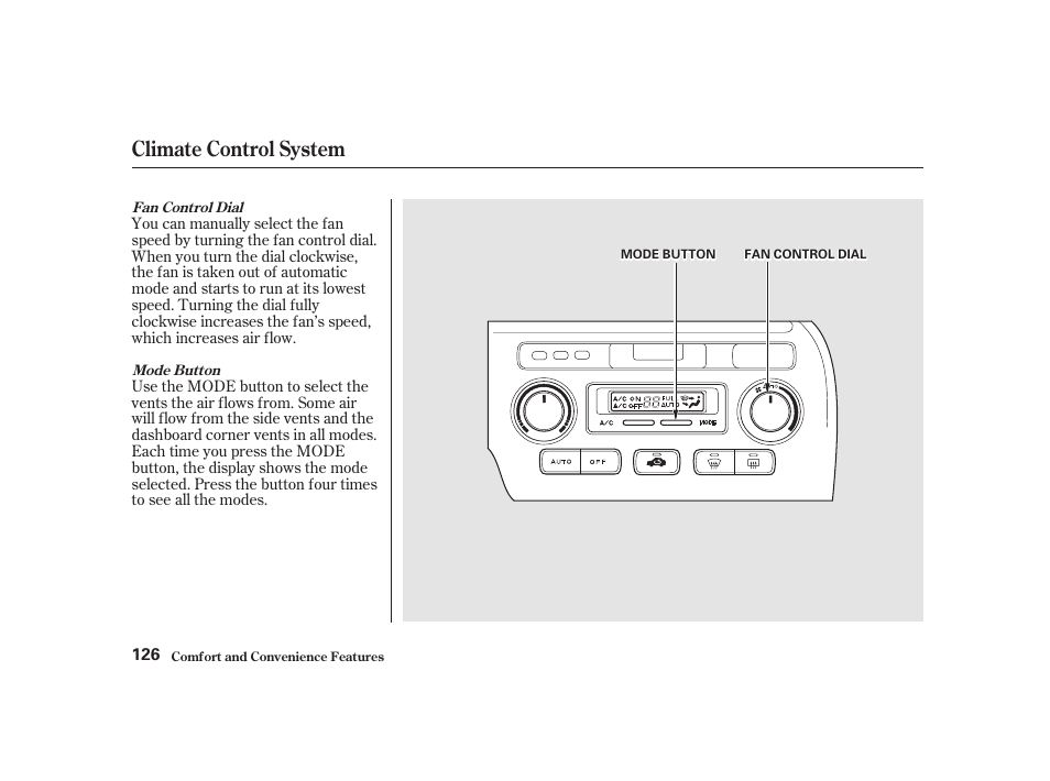Climate control system | Acura 2001 CL - Owner's Manual User Manual | Page 129 / 330