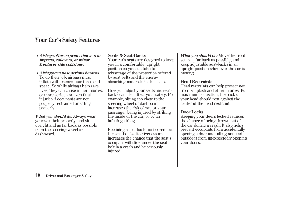 Your car’s safety features | Acura 2001 CL - Owner's Manual User Manual | Page 13 / 330