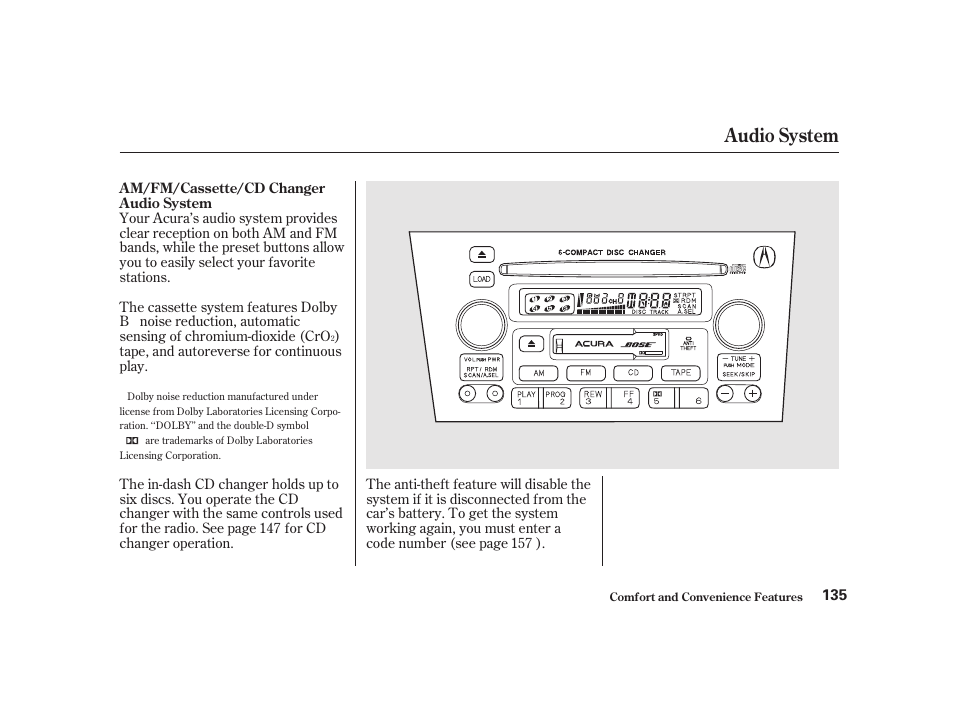 Audio system | Acura 2001 CL - Owner's Manual User Manual | Page 138 / 330