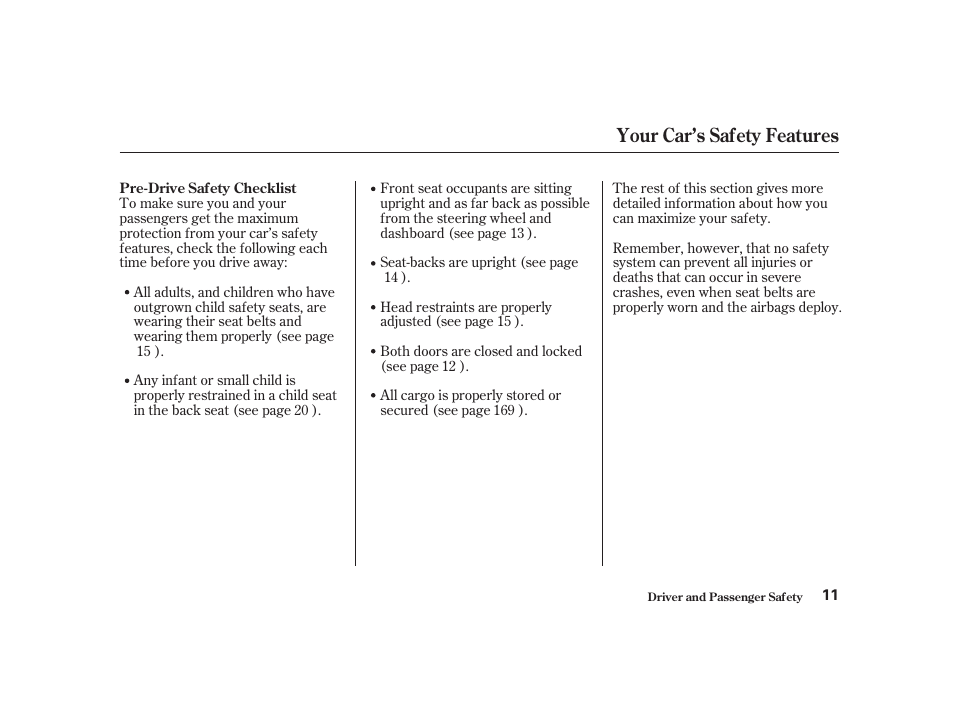 Your car’s safety features | Acura 2001 CL - Owner's Manual User Manual | Page 14 / 330
