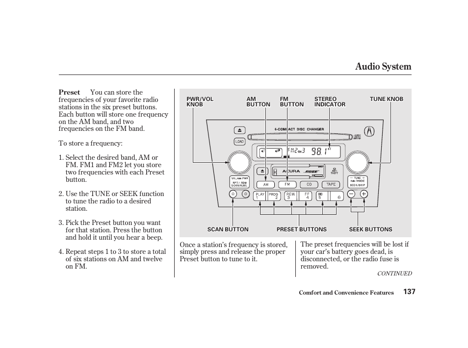 Audio system | Acura 2001 CL - Owner's Manual User Manual | Page 140 / 330