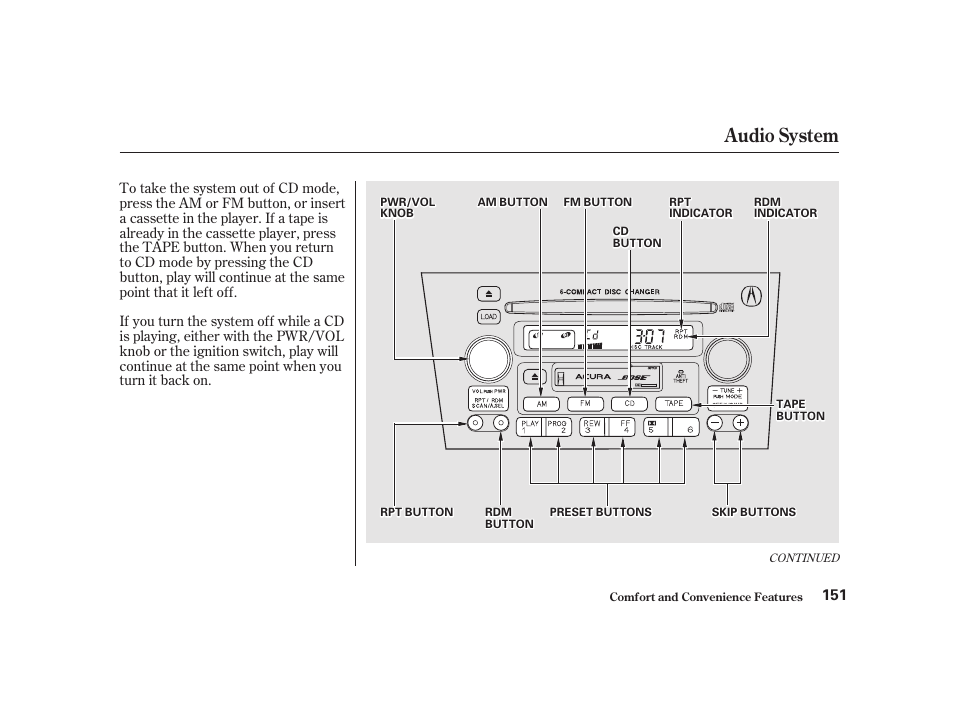 Audio system | Acura 2001 CL - Owner's Manual User Manual | Page 154 / 330