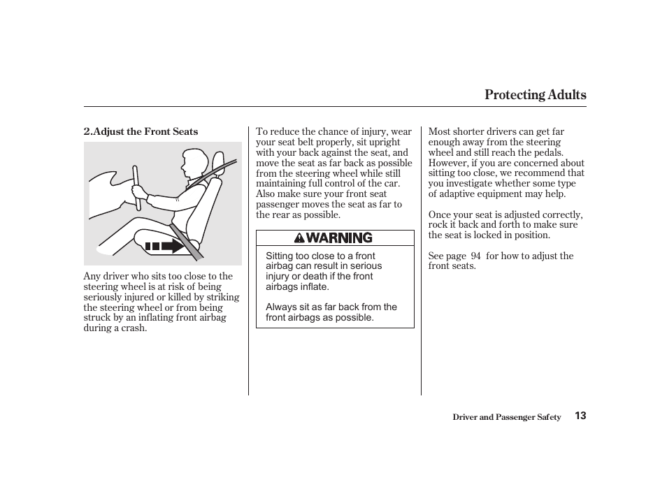 Protecting adults | Acura 2001 CL - Owner's Manual User Manual | Page 16 / 330