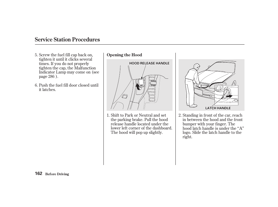 Service station procedures | Acura 2001 CL - Owner's Manual User Manual | Page 165 / 330