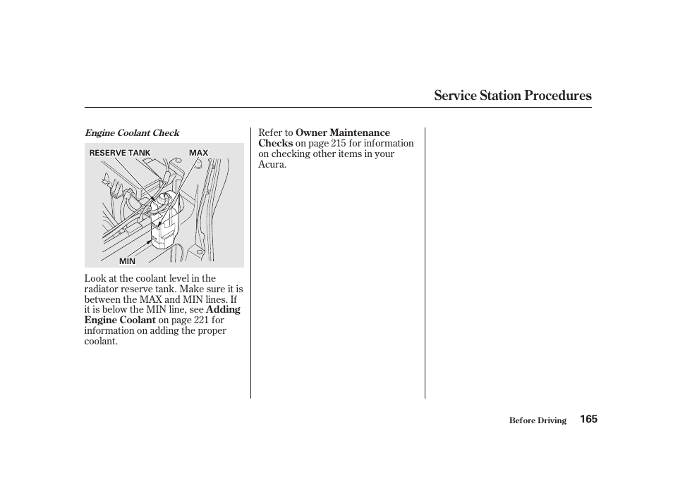 Service station procedures | Acura 2001 CL - Owner's Manual User Manual | Page 168 / 330