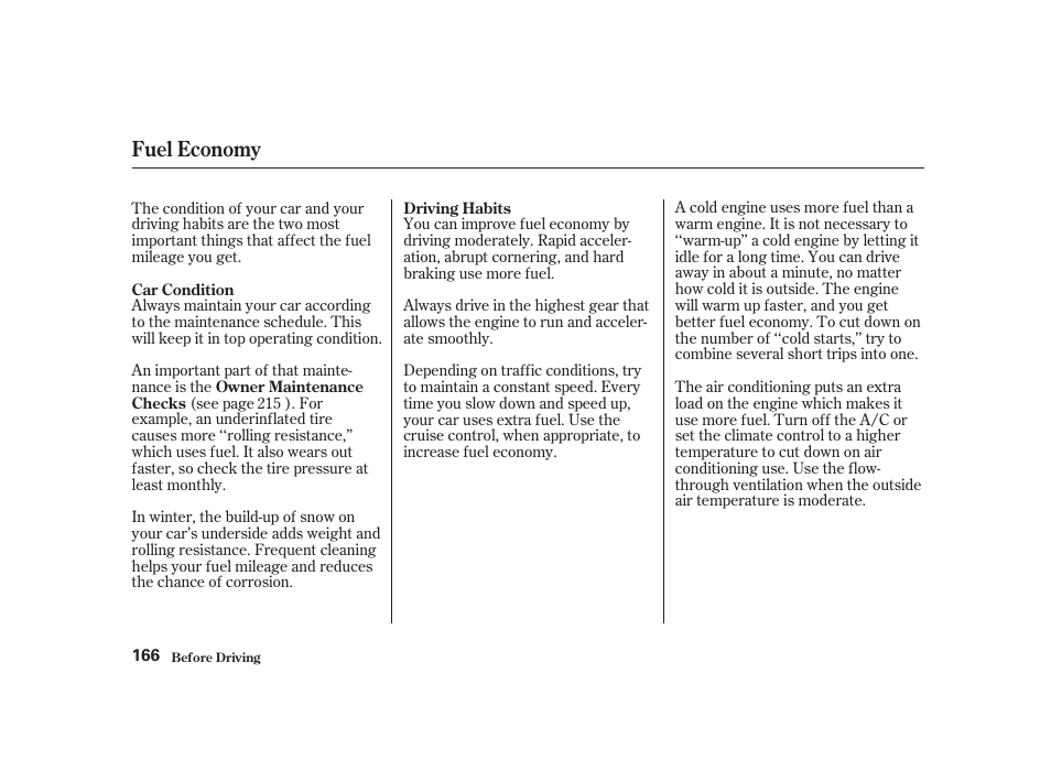 Fuel economy | Acura 2001 CL - Owner's Manual User Manual | Page 169 / 330