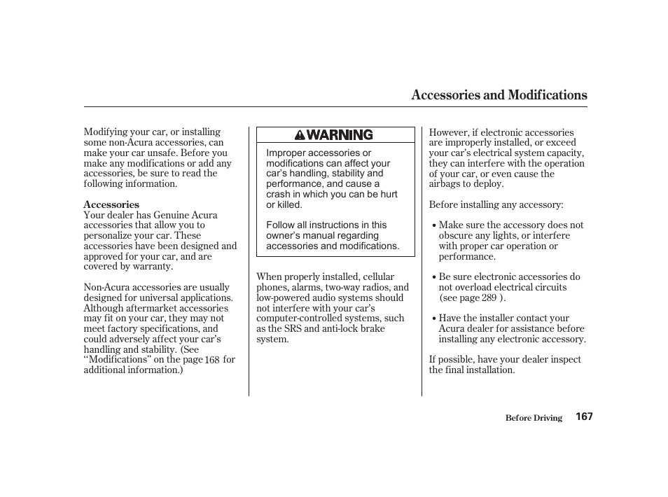 Accessories and modifications | Acura 2001 CL - Owner's Manual User Manual | Page 170 / 330