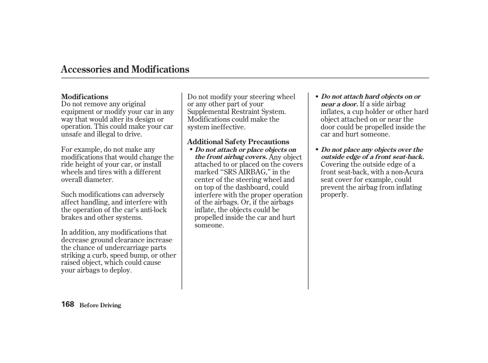 Accessories and modifications | Acura 2001 CL - Owner's Manual User Manual | Page 171 / 330