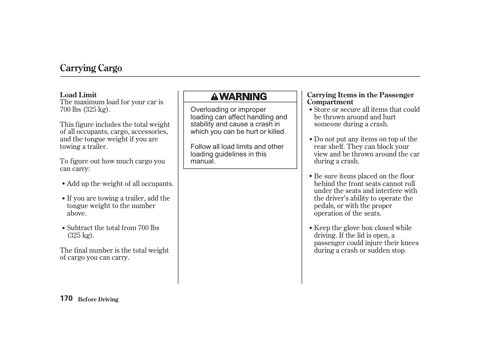 Carrying cargo | Acura 2001 CL - Owner's Manual User Manual | Page 173 / 330