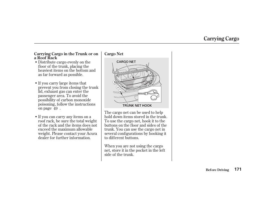 Carrying cargo | Acura 2001 CL - Owner's Manual User Manual | Page 174 / 330