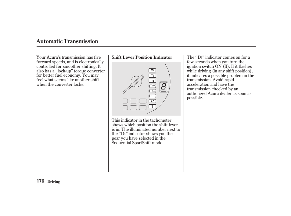 Automatic transmission | Acura 2001 CL - Owner's Manual User Manual | Page 179 / 330