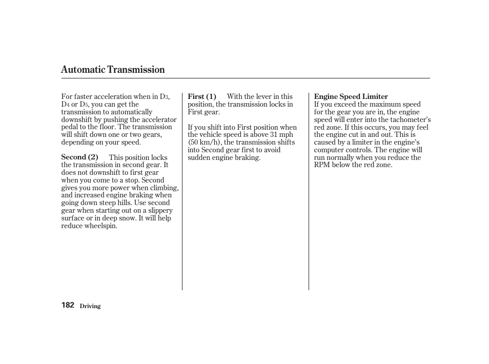 Automatic transmission | Acura 2001 CL - Owner's Manual User Manual | Page 185 / 330
