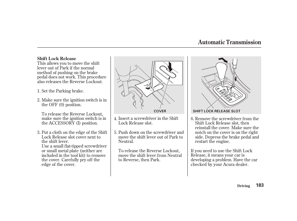 Automatic transmission | Acura 2001 CL - Owner's Manual User Manual | Page 186 / 330