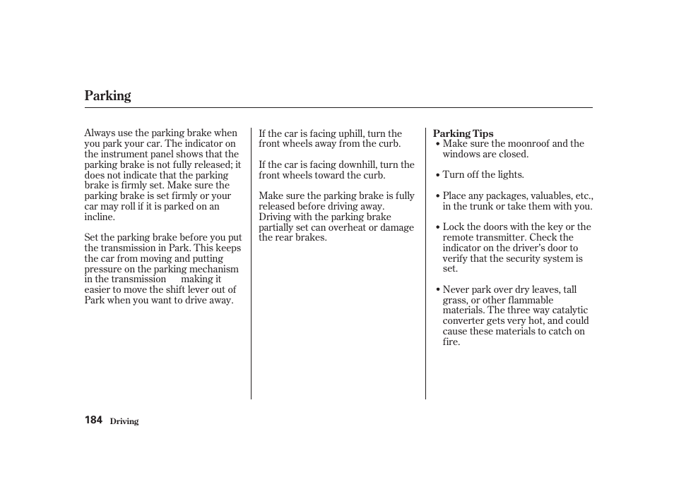 Parking | Acura 2001 CL - Owner's Manual User Manual | Page 187 / 330