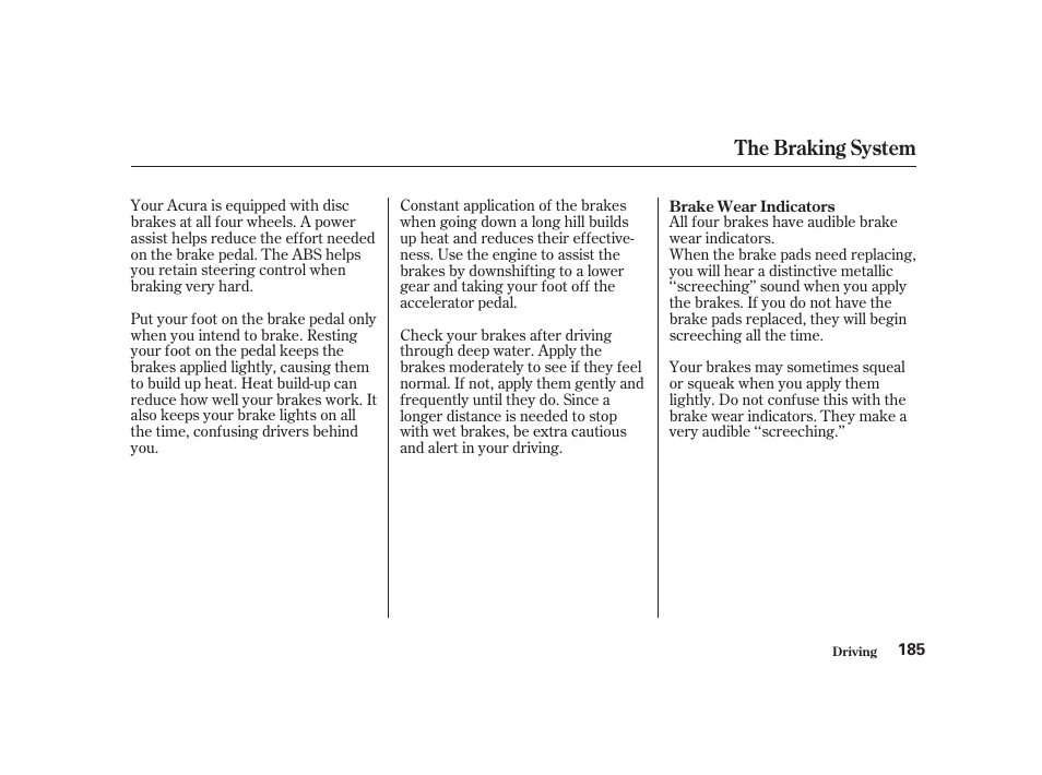 The braking system | Acura 2001 CL - Owner's Manual User Manual | Page 188 / 330