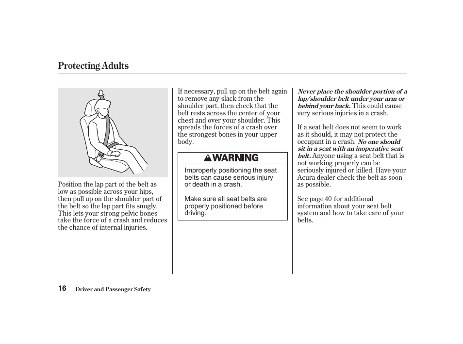 Protecting adults | Acura 2001 CL - Owner's Manual User Manual | Page 19 / 330