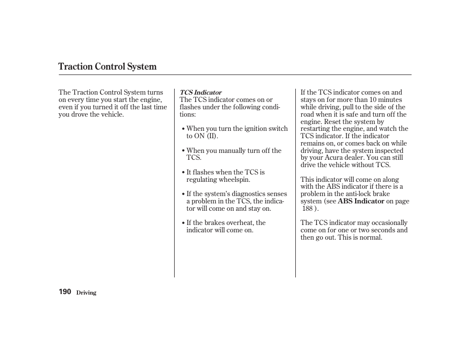 Traction control system | Acura 2001 CL - Owner's Manual User Manual | Page 193 / 330