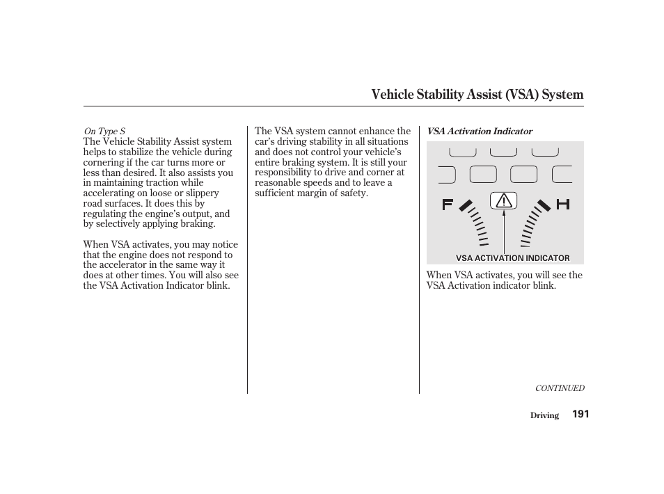 Vehicle stability assist (vsa) system | Acura 2001 CL - Owner's Manual User Manual | Page 194 / 330